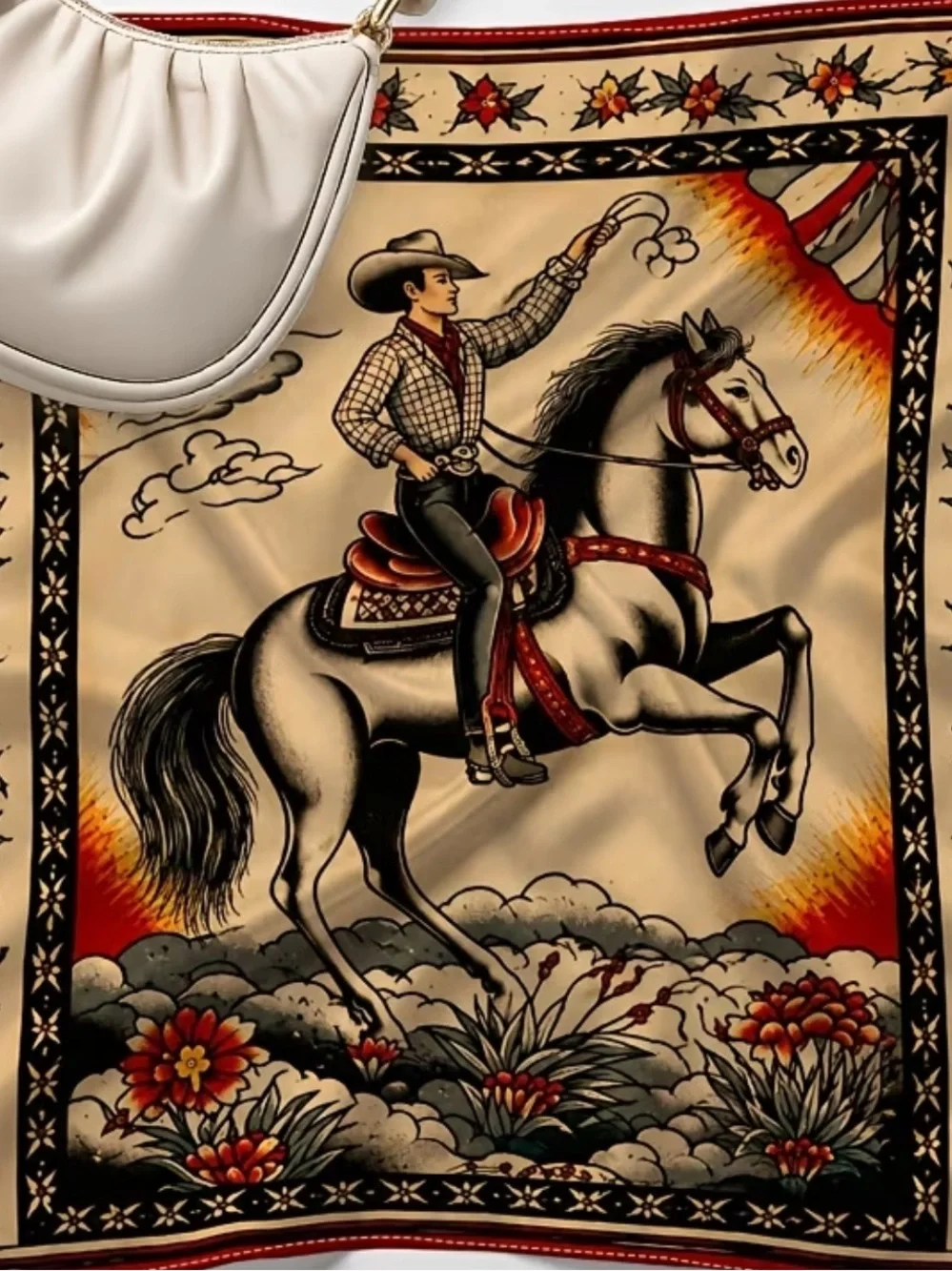 Western Equestrian Novel Scarf Cowboy Print Silky Scarf - Cream & Red